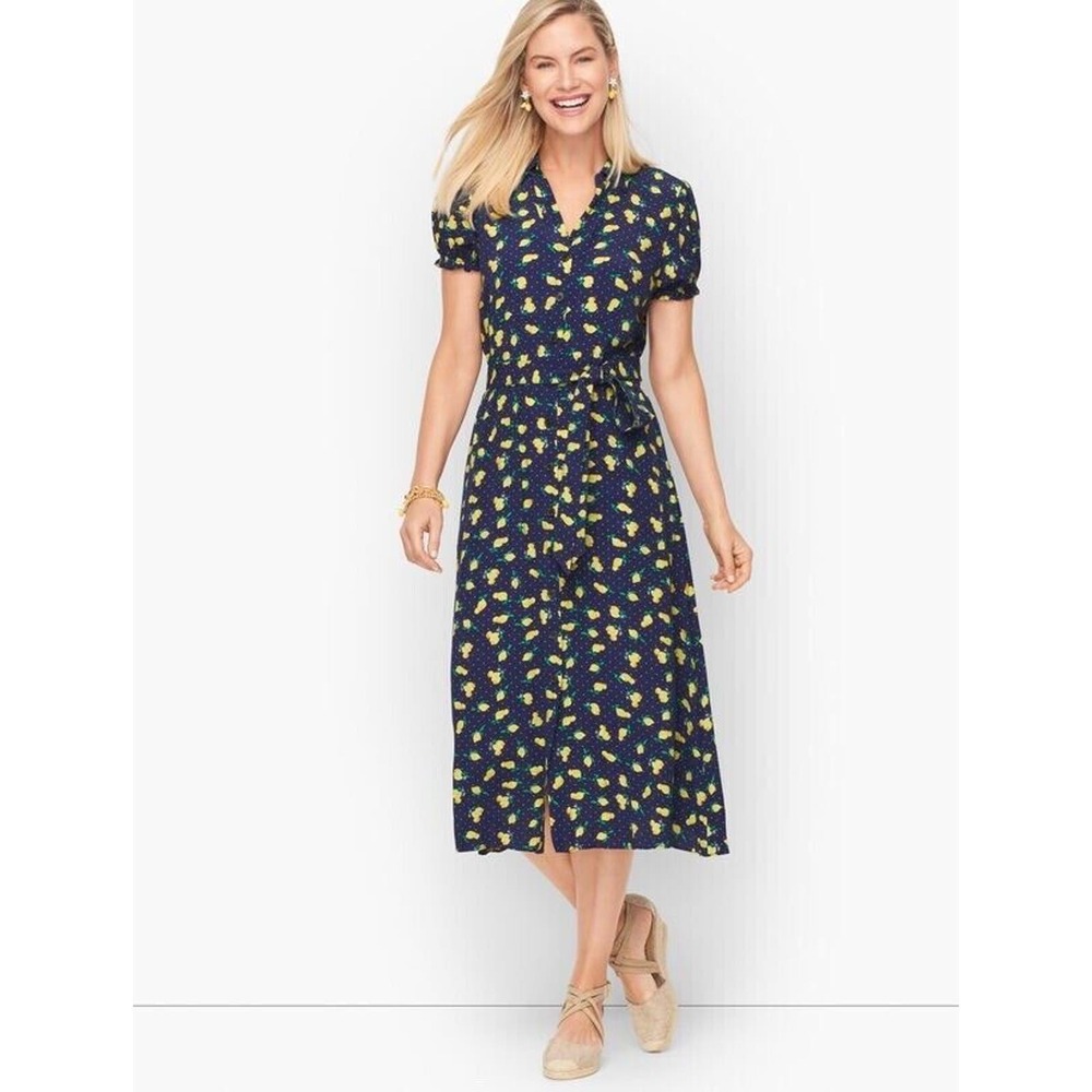 Talbots Lemon Dot Shirt Dress Size 2P No Belt MIDI Length